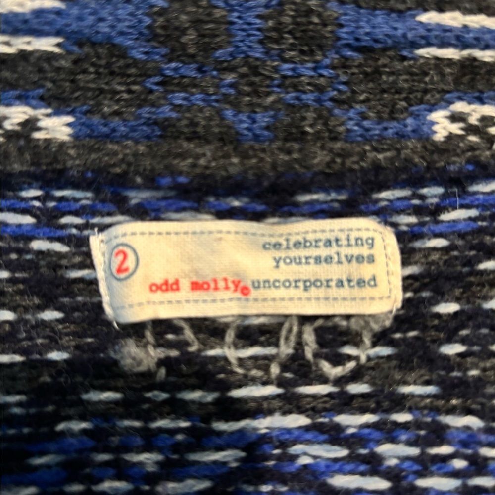 ODD MOLLY Boho Scandi Blue Black Wool Shawl Collar Embroidered Knit Cardigan M - Picture 9 of 12